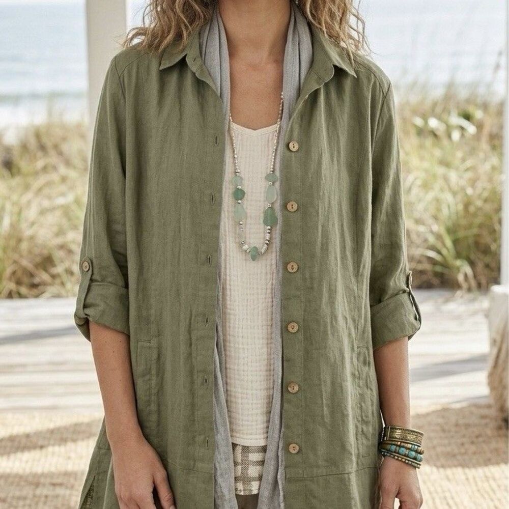 Soft Surroundings Linen Tunic Top L Green Oversized Shirt Boho Lagenlook Coastal